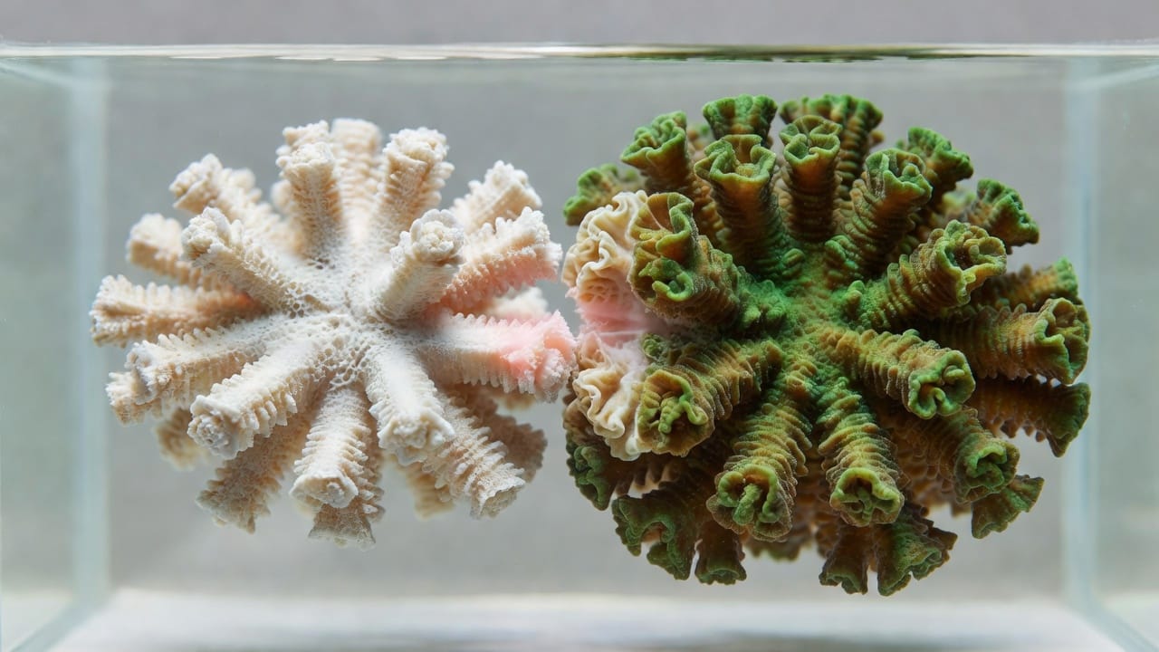 A bleached coral fragment coloured up where it touched its clone