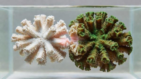 A bleached coral fragment coloured up where it touched its clone